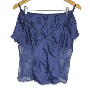 Victoria's Secret 100% Silk Cami and Shorts Pajama Set Navy Blue Lace Trim Large
